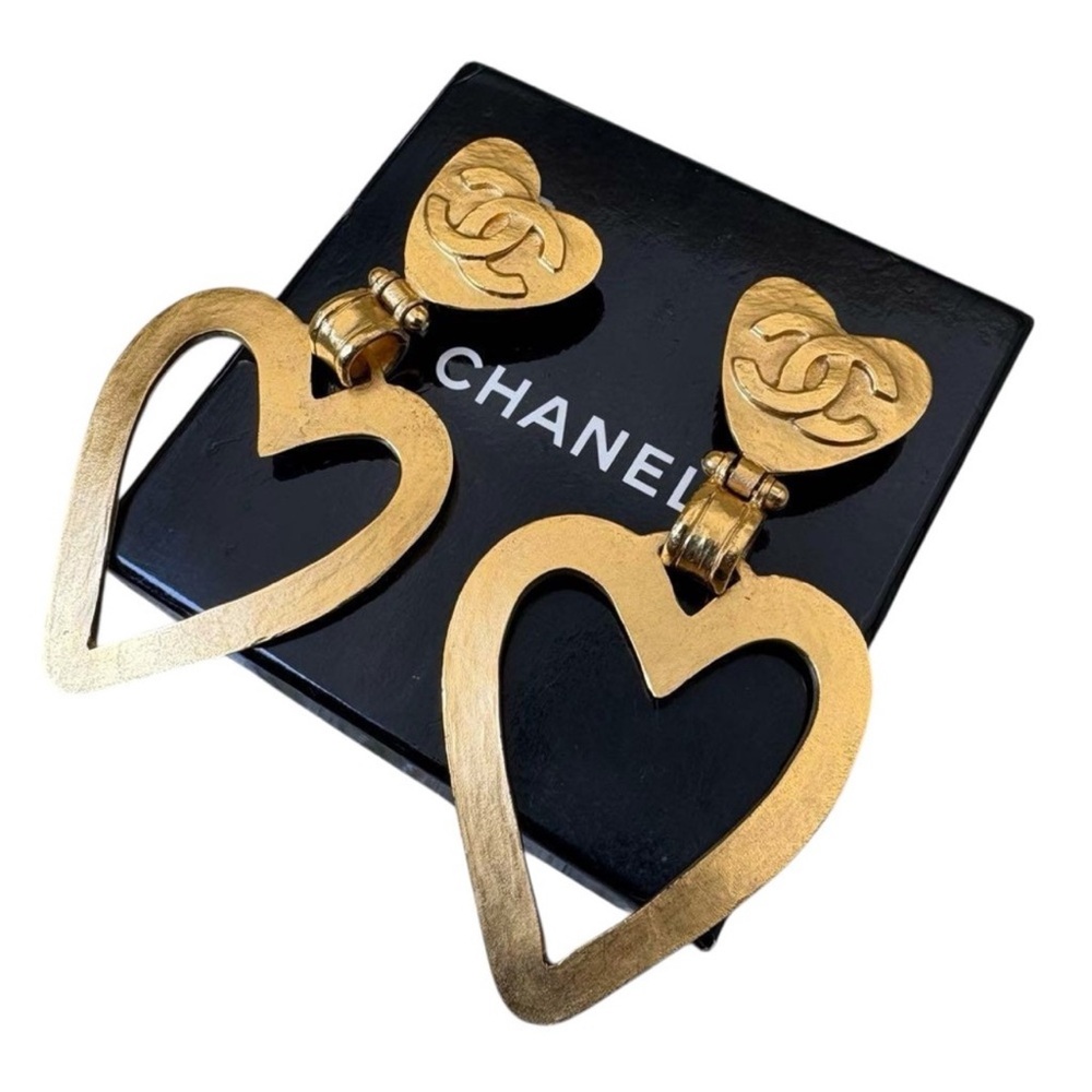 Chanel | Double Heart Dangle Earrings Gold Plated